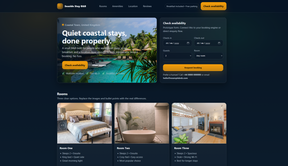 Seaside Stay B&B Landing Page